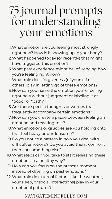 Journal Prompts to Understand Your Emotions Identify Emotions Activities, Emotional Intelligence Journal Prompts, Writings About Feelings, Self Awareness Journal Prompts, Therapy Journaling Prompts, Feeling Journal, Emotions List, Prompted Journal, Mindfulness Journal Prompts