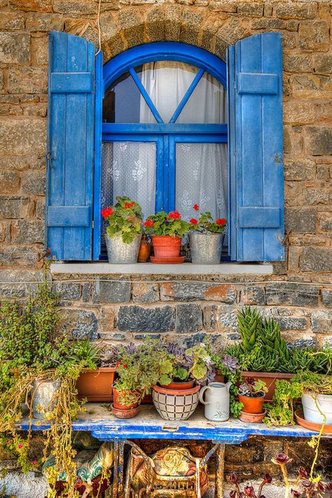 Blue Window in Crete, Greece Blue Shutters, Beautiful Windows, Old Windows, Window Shutters, Window View, Old Doors, Window Boxes, Unique Doors, Beautiful Doors