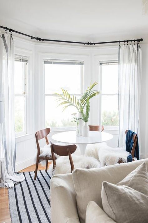 Curtain Idea - Bay Window Apartment therapy #Windows #Treatments #Curtains #Ideas Bay Window Coverings, Bedroom Window Dressing, Scottish Cottage, Window Treatments Ideas, Modern Window Treatments, Window Treatments Living Room, Window Treatments Bedroom, Stylish Curtains, Modern Windows