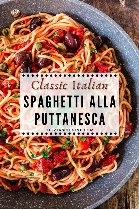 Spaghetti alla Puttanesca is an easy Italian recipe and a specialty of the Campania region. Consisting of tomatoes, garlic, olives, capers and anchovies (which are optional in my version), this dish is quick, deliciously aromatic and on the table in 20 minutes! A delicious pasta recipe that makes the perfect easy weeknight meal. Spaghetti Sauce With Olives, Pasta Sauce With Anchovies, Spaghetti Puttanesca Recipes, Pasta Puttanesca Recipe Authentic, Pasta Alla Puttanesca, Pasta Tomato Recipes, Best Italian Tomato Sauce Recipe, Puttenesca Recipes, Italian Spaghetti Recipes