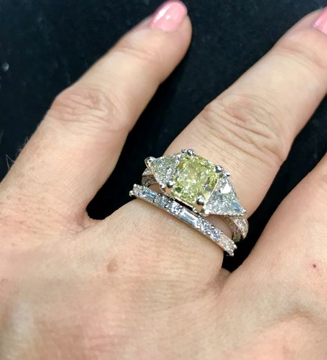 Ring With Band, Baguette Diamond Band, Yellow Diamond Engagement Ring, Sapphire Wedding Rings, Yellow Diamonds, Three Stone Ring, Sapphire Wedding, Dream Engagement, Dream Engagement Rings