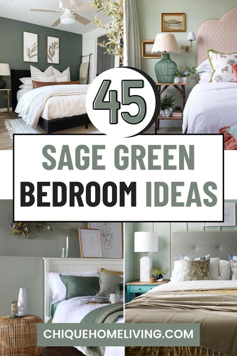 Sage Green Bedroom Walls Inspiration, Safe Green Bedding Ideas, Sage Green Wall Bedroom Ideas, Eucalyptus Green Bedroom, Shades Of Green For Bedroom, Green And Off White Bedroom, Sage Feature Wall Bedroom, Master Bedrooms Sage Green, Cream And Green Bedroom Ideas