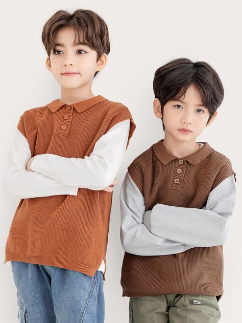 Brown Casual  Sleeveless Cotton Plain Pullovers  Slight Stretch Spring/Fall Boys Clothing Asian Kids Boy, Anime Kid Boy, Small Boy Dress, Child Boy, Baby Tumblr, Children Boy, Cute Asian Babies, Asian Babies, Anime Child