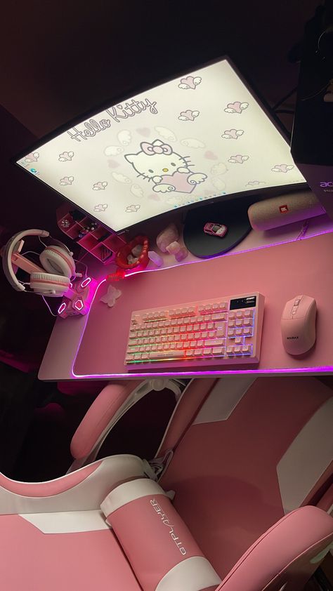 Hexagon Gaming Lights, Pc Setup Hello Kitty, Hello Kitty Set Up Gaming, Gaming Room Setup Pink, Sanrio Pc Setup, Set Up Gamer Girl, Video Game Setup, Cute Pc Setup, Cute Gaming Setup