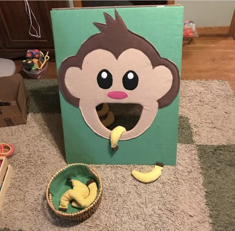 Feed The Monkey Game, Safari Theme Birthday Activities, Monkey Sensory Bin, Safari Carnival Games, Jungle Party Games For Kids, Safari Birthday Games, Monkey Activities For Toddlers, Jungle Games For Kids, Safari Themed Games