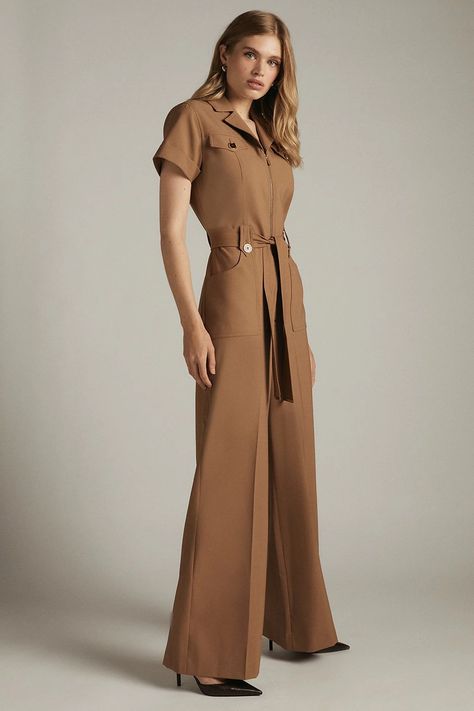 Petite Polished Wool Blend Safari Jumpsuit | Karen Millen Safari Jumpsuit, Brown Jumpsuit, Work Jumpsuit, Trendy Date Night Outfit, Camel Style, Brown Jumpsuits, Karen Millen Dress, Safari Chic, Ladies Clothes Fashion