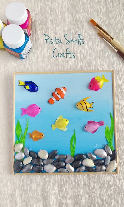 Made using Pista Shells and Sugar Apple seeds. Pista Shell Crafts, Aquarium Craft, Instruções Origami, Shell Crafts Diy, Hand Crafts For Kids, Diy Crafts Paper Flowers, Diy Crafts For Kids Easy, Origami Crafts Diy, Book Art Diy