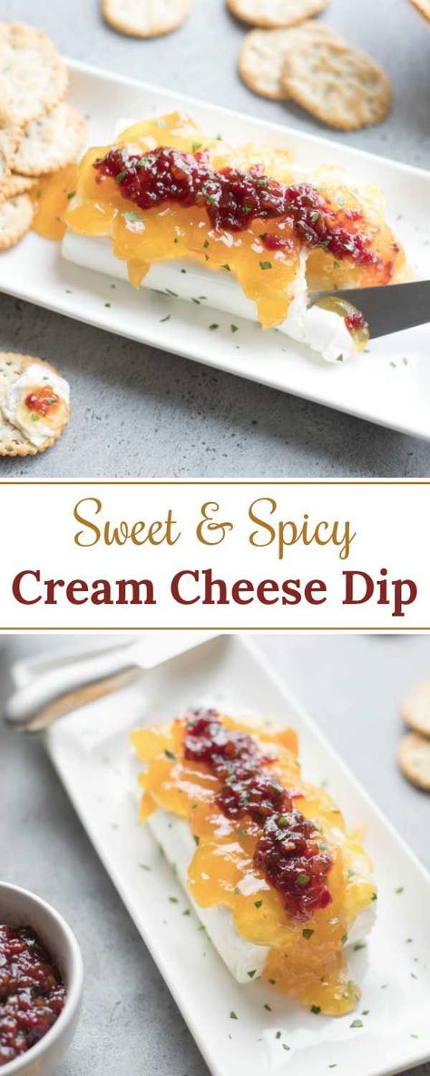 Everyone LOVES this dip and asks for the recipe! This Sweet & Spicy Cream Cheese Dip appetizer quickly disappears, every time! Just keep a few ingredients on hand, and it’s a total snap to throw together (like ... 3 minutes flat)! Great for picnics and potlucks, tailgates and sports parties - even as a fancy, finger-food appetizer (we've got tips for that)! | cream cheese recipes | cream cheese appetizer easy | pepper jelly and cream cheese | appetizers for party | www.twohealthykitchens.com Spicy Cream Cheese Dip, Easy Cream Cheese Appetizers, Cheese Appetizers Easy, Appetizer Easy, Appetizers Easy Dips, Cream Cheese Appetizer, Healthy Appetizers Easy, Healthy Finger Foods, Cream Cheese Dip