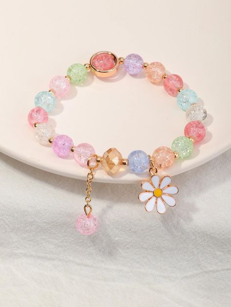 Flower Charm Beaded Bracelet | SHEIN USA Cute Charms For Bracelets, Cute Assesories, Cute Jewelry Aesthetic, Shein Bracelet, Collares Aesthetic, Aesthetics Jewelry, Beaded Charm Bracelet, Gelang Manik-manik, Embellished Fashion