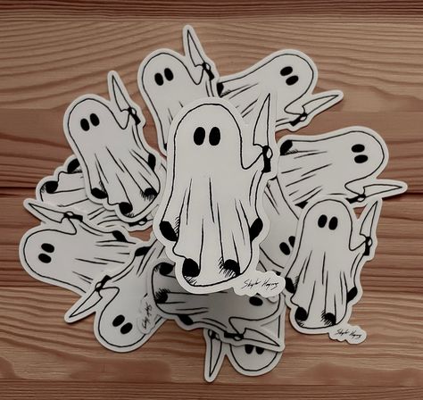 "Ghost w/ Knife Sticker 1.89\" X 3\" Durable // Waterproof // Scratchproof Designed by me and printed through a 3rd party for high quality" Ghost With Knife Tattoo, Ghost With Knife, Knife Sticker, Ghost Stickers, Knife Drawing, Cricut Decals, Sticker Inspo, Knife Tattoo, Sheet Ghost