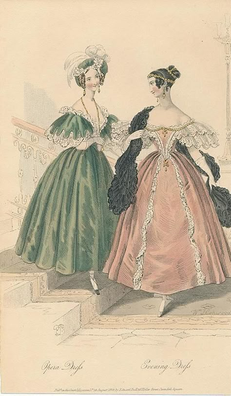 August, 1833 - Court Magazine - Opera Dress, Evening Dress Victorian Opera Dress, 1833 Fashion, Opera Dress, Western Womens Fashion, 1830s Fashion, Little Mermaid Dresses, Decades Of Fashion, Romantic Era, Romantic Period