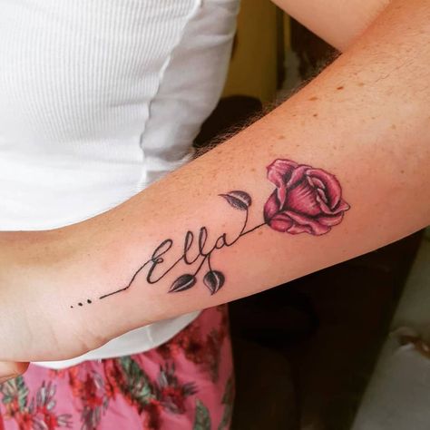 Rose Stem Name Tattoo | 68 Tattoo Ideas For Showing Off Your Kids’ Names in 2020 | POPSUGAR Family Rose Stem Tattoo, Parents Tattoo, Daughters Name Tattoo, Name Flower Tattoo, Rose Tattoo With Name, Tattoo Modern, Name Tattoos For Moms, Baby Name Tattoos, Romantic Questions