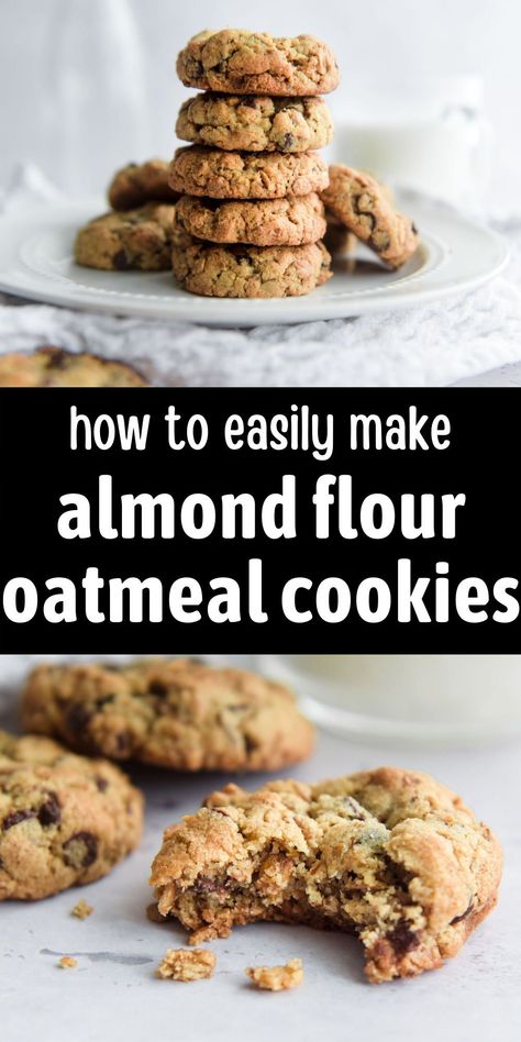 This almond flour oatmeal cookies recipe include the flavors of vanilla, chocolate, and cinnamon. These are moist, delicious and one is never enough for dessert! These make wonderful fall oatmeal cookies. Almond Flour Oatmeal Cookies, Almond Flour Oatmeal, Almond Flour Chocolate Chip Cookies, Gf Snacks, Fast Easy Desserts, Oatmeal Cookies Easy, Healthy Oatmeal Cookies, Almond Flour Cookies, Baking With Almond Flour