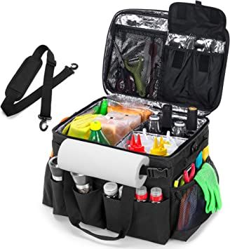 HODRANT Large Grill Caddy with Lid, BBQ and Picnic Bag Organizer with Paper Towel Holder, Tailgating Accessories Basket for Barbecue Utensil & Camping Gear Must Haves, Black, Bag Only Grill Caddy, Bbq Supplies, Friends Dinner, Tools Bag, Patio Grill, Camping Friends, Bbq Essentials, Utensil Caddy, Dinner Family