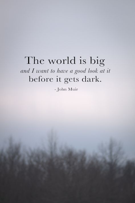 "The world is big - and I want to have a good look at it, before it gets dark. " Citation Nature, Fina Ord, John Muir, Adventure Quotes, Nature Quotes, Quotable Quotes, Wanderlust Travel, A Quote, Travel Quotes