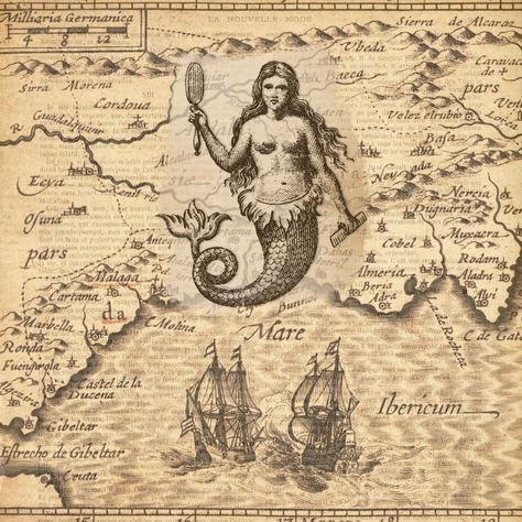 Vintage Old World Map Mermaid Free Stock Photo - Public Domain Pictures Maps Aesthetic, Sea Map, Mermaid Photos, Frog Illustration, Mermaid Wall Art, Pirate Art, Mermaid Drawings, Nautical Map, Vintage Mermaid