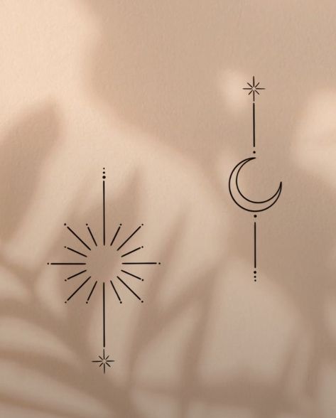 Vertical Minimalist Tattoo, Best Friend Astrology Tattoos, Sister Line Art Tattoo, Sun Moon Tattoo Designs For Women, Vertical Sun Tattoo, Line Tattoo Friends, Sun Moon Sister Tattoo, Small Fine Line Sun Tattoo, Shining Sun Tattoo