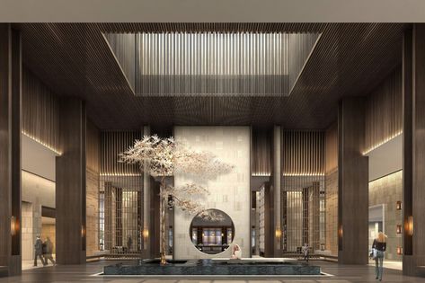 Modern Hotel Lobby, Hotel Foyer, Modern Lobby, Luxury Hotels Lobby, Japanese Hotel, Lobby Hotel, Hotel Lobby Design, Lobby Interior Design, Chinese Interior