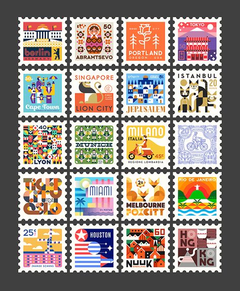 Town Squares by Makers Company Stamp Inspiration, Poster Graphic Design, Postage Stamp Design, Postage Stamp Art, Travel Stickers, Post Stamp, Graphic Design Studios, Stamp Design, Stamp Collecting