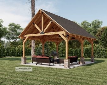 Pole Barn Pavilion Plans With Double Lean, Garden Gazebo Blueprints, Backyard Shade Pergolas Structures - Etsy Gazebo Blueprints, Backyards Ideas, Timber Frame Pavilion, Small Backyards, Pavilion Plans, Carport Plans, Gazebo Plans, Landscape Outdoor, Outdoor Gazebo