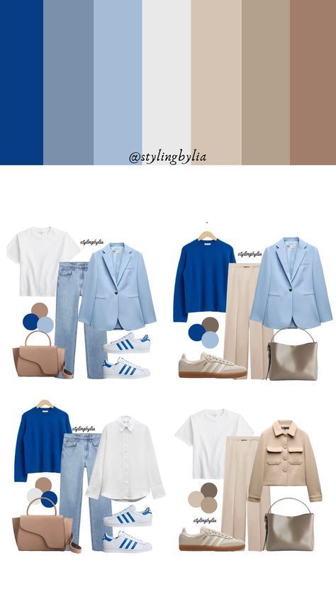 Blue And Beige Outfit, Mode Ab 50, Capsule Wardrobe Women, Blue Color Combinations, Colour Combinations Fashion, Color Combos Outfit, Color Combinations For Clothes, Fashion Capsule Wardrobe, Classic Style Outfits