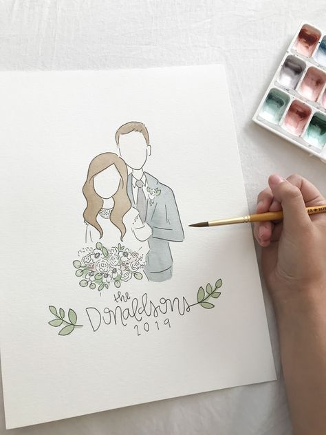 Wedding Watercolor Painting, Portraits Sketch, Wedding Portraits Family, Family Watercolor, Wedding Drawing, Wedding Watercolor, Custom Watercolor Portrait, Wedding Painting, Portrait Cartoon