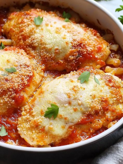 Chicken Parmesan Bake Parmasean Chicken Recipe, Chicken Parmesan Recipe Easy Baked, Baked Chicken Parmesan Casserole, Chicken Parm Bake, Easy Chicken Parmesan Bake, Chicken Parmesan Bake, Parmesan Chicken Bake, Easy Baked Chicken Parmesan, Parmesan Baked Chicken