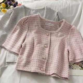 Pakaian Crop Top, Tweed Outer, Casual Coats For Women, Tweed Crop Top, Pink Plaid Shirt, Korean Tops, Tweed Top, Shirts Crop, Plaid Shirts