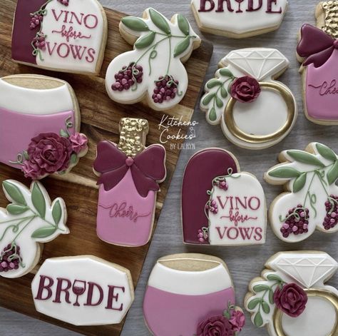 Winery Bridal Shower Cookies, Wine Bridal Shower Cookies, Winery Shower Ideas, Wine Bachelorette Cookies, Vino Before Vows Cookies, Wine Themed Cookies, Winery Themed Bachelorette Party, Vineyard Bridal Shower Ideas, Vino Before Vows Bridal Shower Ideas