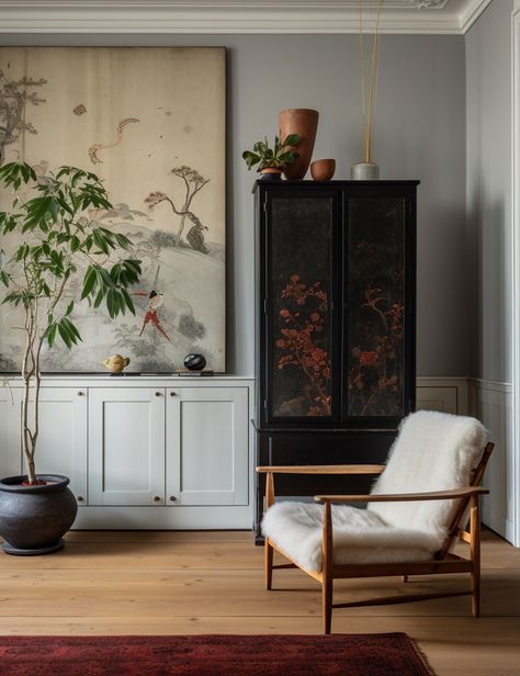 Mid Century Asian Decor, Chinese Cabinet Living Room, Armchair Nook, Chinese Decor Asian Interior, New Chinese Style Interior, Chinese Home Design, Modern Asian Interior, Asian Zen Interior Design, Asian Inspired Home