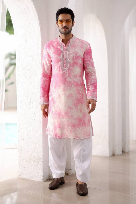 Asuka pink embroidered mirror work tie-dye kurta and pyjama set for men Traditional Indian Mens Clothing, Indian Wedding Suits Men, Wardrobe Planner, Indian Groom Wear, Gents Kurta Design, Haldi Outfit, Red Kurta, Diwali Outfits, Gents Kurta