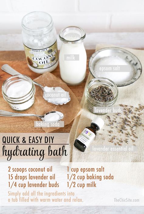 *Soak for 20 minutes.  Epsom Salt — Relaxes sore muscles.  Lavender Essential Oil — Promotes relaxation.  Coconut Oil — Hydrates and softens skin.  Baking Soda —  Acts as a cleanser and has anti-fungal properties.  Milk —  Lactic acid helps remove dead skin cells and soothes irritated skin.  Lavender Buds — Simply because it makes you feel fancy & the spa-like atmosphere reduces stress. Lavender Milk, Milk Bath Recipe, Bath Recipes, Rachel Hollis, Homemade Bath Products, Milk Bath, Beauty Advice, Diy Body, Bath Soak