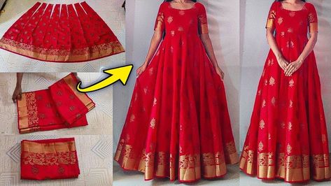 Long frock design trends Reused Saree Dress, Sarees One Piece Dress, Front Neck Design For Gown, Anarkali Dress Front Neck Designs, Saree Anarkali Dress Pattern, One Piece Anarkali Dress, One Piece Dress Of Saree, How To Make Frock For Women, Sadi Ka Dress