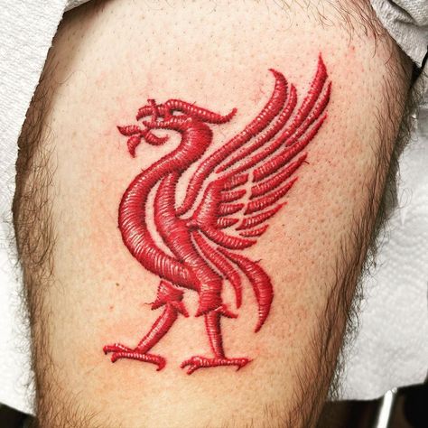 TIM BECK on Instagram: “Large Liverpool Football Club patch style tattoo on upper thigh. Thank you Preston! Also check out my buddy @dansmithism ‘s take on this.…” Patch Style Tattoo, Liverbird Tattoo, Ynwa Tattoo, Lfc Tattoo, Liverpool Fc Tattoo, Liverpool Tattoo, Strong Tattoos, Unusual Tattoo, D Tattoo