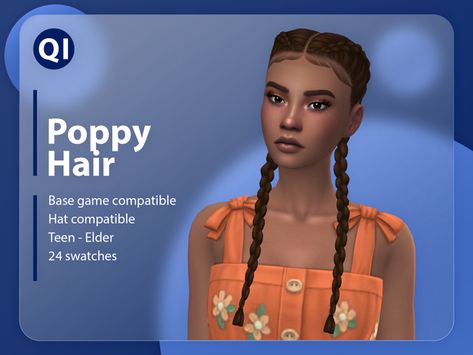 Poppy Hair | Quirky Introvert CC on Patreon Pigtail French Braids, Braids Illustration, Retro Ponytail, Ocean Hair, Pelo Sims, French Braids, Sims Four, Pigtail Hairstyles, Sims 4 Cc Packs