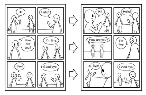 When making longer narrative-focused comics it might be good to move the "camera" around a bit more. Close-ups, full body shots and using the bird's/worm's eye view can change things up a lot, even if it is just two characters talking to each other. Comic Script Ideas, How To Make Comics Tutorials, Comic Angles, How To Draw A Comic, How To Make A Manga, How To Make A Comic, Ideas Para Comics, Comic Drawing Ideas, Mini Comic Ideas