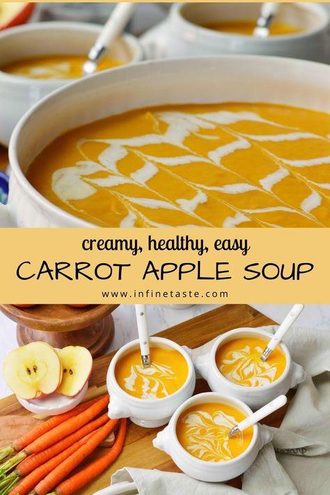 Carrot Fall Recipes, Soups For September, Fall Blended Soups, Slow Cooker Pureed Soup, Carrot Recipes Soup, Appetizer Soup Light, Carrot Apple Soup Recipes, Carrot And Apple Soup, Soup Recipes Pureed