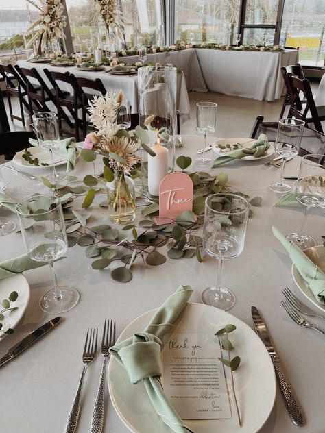 Sage Green And Mauve Wedding Table Decor, Dusty Rose And Sage Green Table Setting, Sage Green Wedding Rustic Table Settings, Dusty Rose And Moss Green Wedding, Sage Round Table Setting Wedding, Round Wedding Table Eucalyptus, Sage Green And Beige Table Setting, Blush And Sage Table Decor, Sage Green Wedding Circle Table Setting