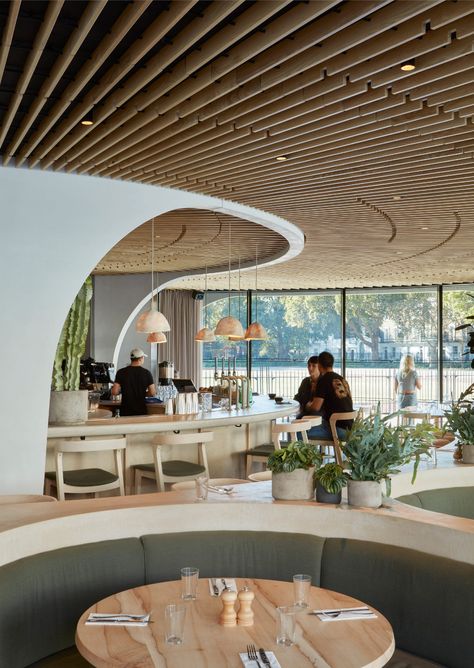 Ceiling Slats, Architecture Restaurant, London Cafe, London Restaurant, Off White Walls, John Pawson, Restaurant Architecture, Modern Restaurant, Rooftop Deck