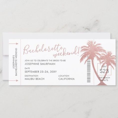 Destination Bachelorette Party Palm Boarding Pass Invitation Destination Bachelorette Party, Destination Bachelorette, Boarding Pass Invitation, Bachelorette Party Destinations, Tropical Invitations, Passport Wedding Invitations, Awesome Bachelorette Party, Bachelorette Party Beach, Marriage Party