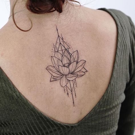 Lotus and geometry // #rachainsworth #tattooartist #tattoo #backtattoo #lotus #lotustattoo #geometrictattoo #geometricart #geometricdesign #ornamentaltattoo #ornaments #linework #linetattoo #finelinetattoo #finelines #tattoodesign #btattooing #blackworktattoo #blackwork #vegantattoo #girlswithtattoos #prenzlauerberg #berlintattoo #berlin #rghtstuff Lotus Flower Tattoo Men, Flower Tattoo Men, Buddhist Lotus Flower, Simple Lotus Flower Tattoo, Simple Lotus Tattoo, Small Lotus Tattoo, Band Tattoos For Men, Poppy Flower Tattoo, Buddhist Tattoo