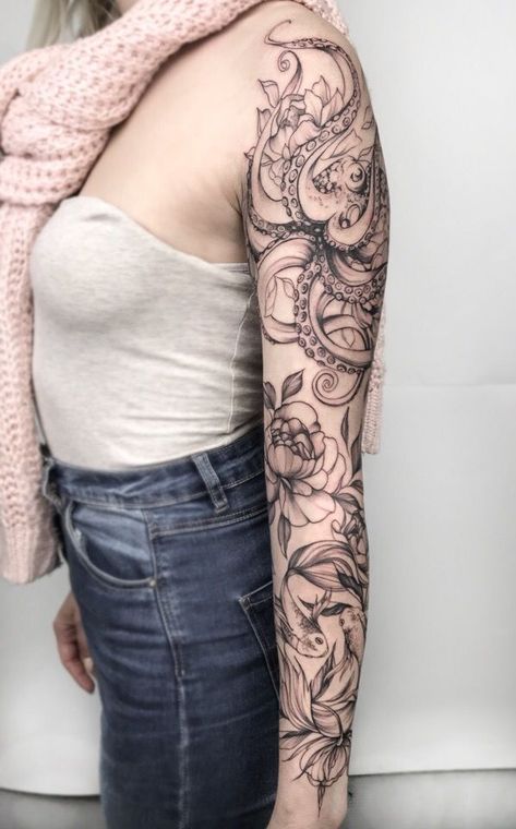 Secret Tattoos, Tattoo Octopus, Mermaid Sleeve Tattoos, Ocean Sleeve Tattoos, Nautical Tattoo Sleeve, Ocean Sleeve, Octopus Tattoo Sleeve, Pretty Tattoo, Bauch Tattoos