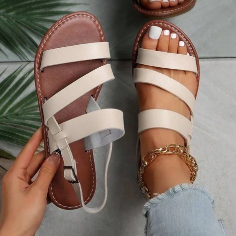 Beige Strappy Sandals Brand New Never Worn Size Us9 Eur40 Women Casual Flats, Casual Sandals Womens, Women Flat Sandals, Pretty Sandals, Beige Sandals, Fashion Shoes Sandals, Strappy Sandals Flat, Strappy Flats, Fashion Slippers