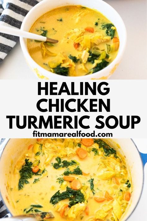 Healthy golden healing chicken turmeric soup is everything you want when you’re searching for comfort and nourishment together. In this warming, delicious recipe we are combining loads of veggies, protein packed chicken, turmeric, ginger and all the goodness of bone broth. The little secret ingredient (red curry paste) pairs so well with the turmeric and coconut milk. You will want to sip this soup up! Chicken Turmeric, Turmeric Soup, Healing Soup, Coconut Milk Soup, Ginger Chicken, Curry Soup, Fit Mama, Think Food, Curry Paste