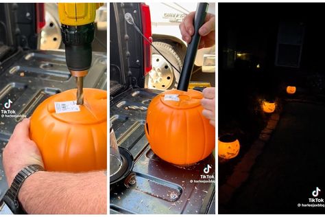 Solar Light Diy, Best Concrete Paint, Halloween Solar Lights, Spooky Diy, Solar Lights Diy, Secret Hiding Places, Solar Path Lights, Pumpkin Bucket, Plastic Pumpkins