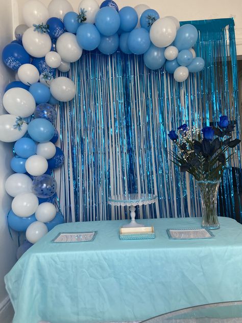 Simple Baby Shower Decorations Boy, Blue Theme Birthday Party Decorations, Blue Decorations Party Birthday Ideas, Diy Baby Shower Backdrop, Blue Themed Party, Blue Birthday Decorations, Blue Birthday Themes, Blue And White Party, Baby Boy Birthday Decoration