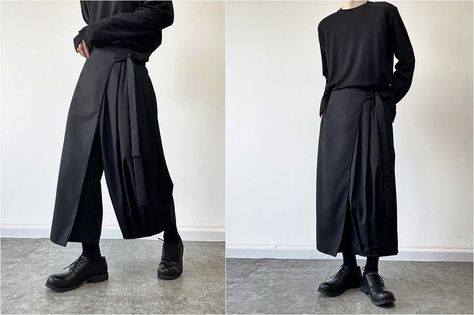 Pant Skirt Outfit, Unisex Skirt, Male Skirt, Wrap Skirt Pants, Skirt Over Pants, Shark Outfit, Pant Skirt, Skirt Streetwear, Irregular Skirt