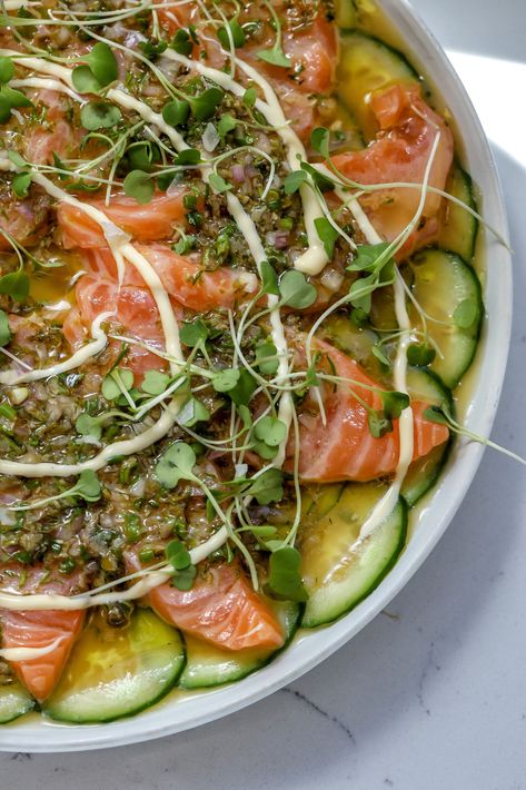 Shallot Caper Salmon Crudo Crudo Recipe, Sushi Grade Salmon, Salmon Crudo, Japanese Mayo, Rigatoni Recipes, Small Bites Appetizers, Tomato Butter, Caper Sauce, Raw Salmon