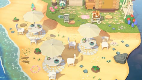 Acnh Beachside Cafe, Acnh Beach Cafe Ideas, Animal Crossing Beach Cafe, Beach Decor Animal Crossing, Beach Cafe Acnh, Acnh Cafe Designs, Cafe Animal Crossing, Acnh Peninsula, Acnh Peninsula Ideas