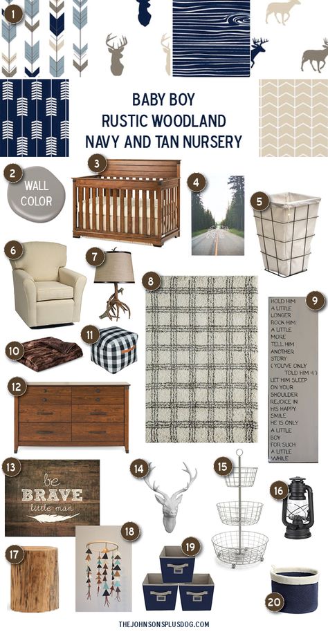 Baby Boy Nursery Inspiration | Rustic Woodland Navy and Tan Baby Room | Baby Boy Rustic Woodland Nursery Inspiration Tan Nursery, Rustic Woodland Nursery, Rustic Boy Nursery, Nursery Inspiration Boy, Baby Room Boy, Baby Wall, Baby Boy Room Nursery, Rustic Nursery, Room Baby